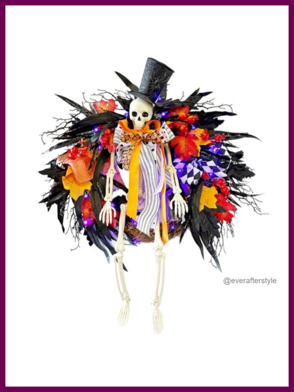 28 Inch Halloween Skeleton Wreath with LED Lights Gothic Front Door Decor